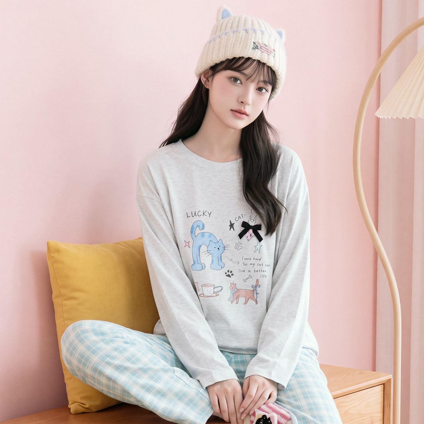芬腾可安纯棉韩系圆领新疆棉女士家居服套装