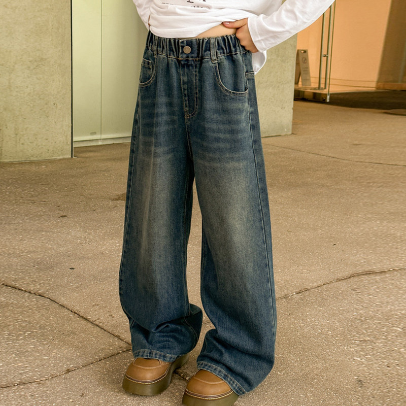 女童牛仔裤宽松直筒秋季2024新款儿童深色水洗软牛仔百搭童装裤子