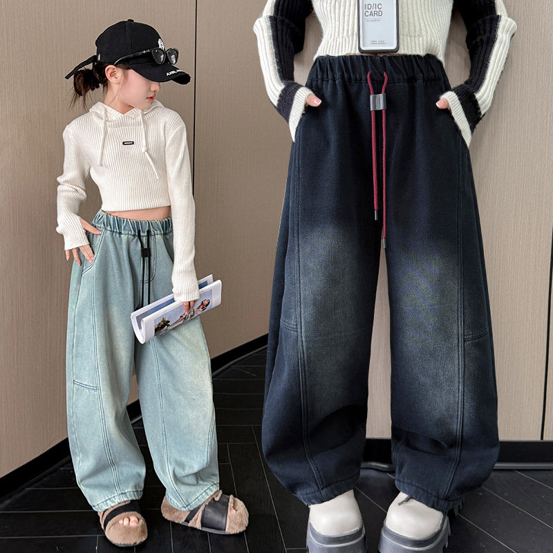 女童春款香蕉牛仔裤2024秋装新款中大童加厚牛仔阔腿裤水洗弯刀裤,淘宝优惠券,粉丝福利购,淘宝优惠卷