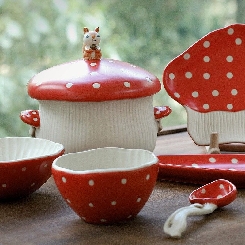 泽滕家用创意喜庆蘑菇陶瓷零食点心水果高脚托盘客厅茶几装饰摆件,淘宝优惠券,粉丝福利购,淘宝优惠卷