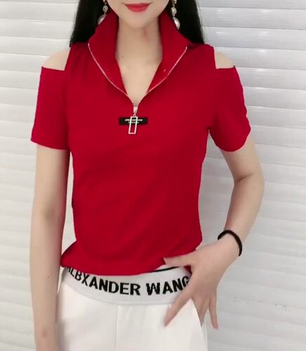 2026夏季新款短袖拉链T恤女修身显瘦百搭设计感小众露肩上衣小衫 - 图0
