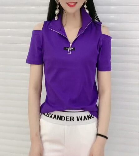 2026夏季新款短袖拉链T恤女修身显瘦百搭设计感小众露肩上衣小衫 - 图1