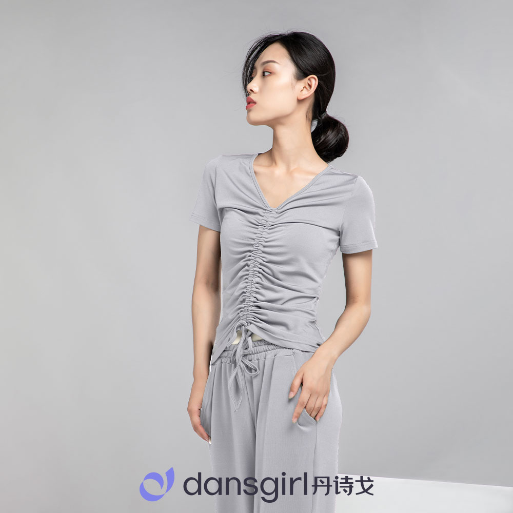 丹诗戈舞蹈上衣练功服形体服成人女教师服前抽绳短袖上衣