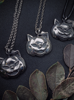 原创另类暗黑南瓜猫咪银项链吊坠
