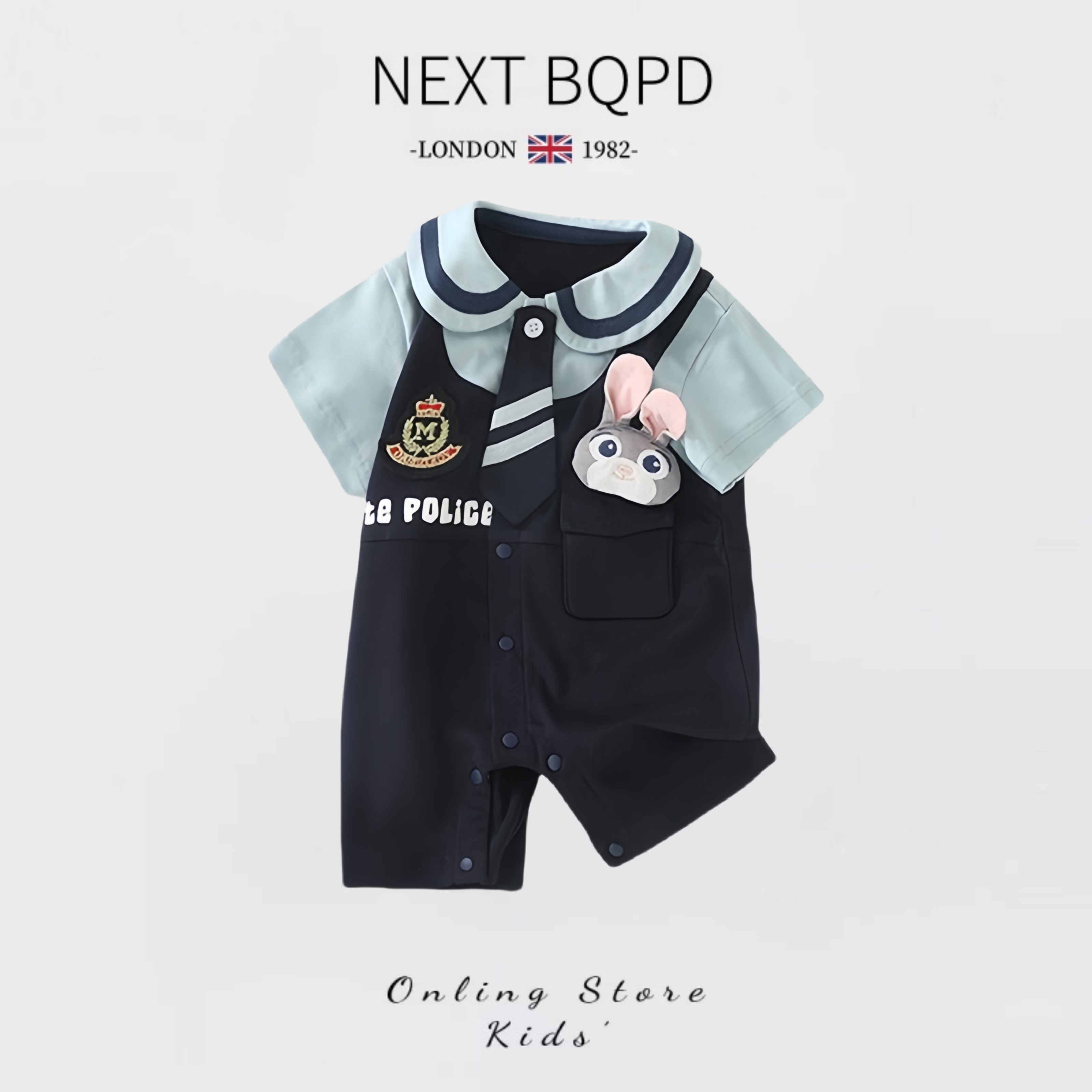 NEXTBQPD婴儿兔子警官连体衣夏季女宝宝小月龄卡通外出服薄款爬服 - 图0