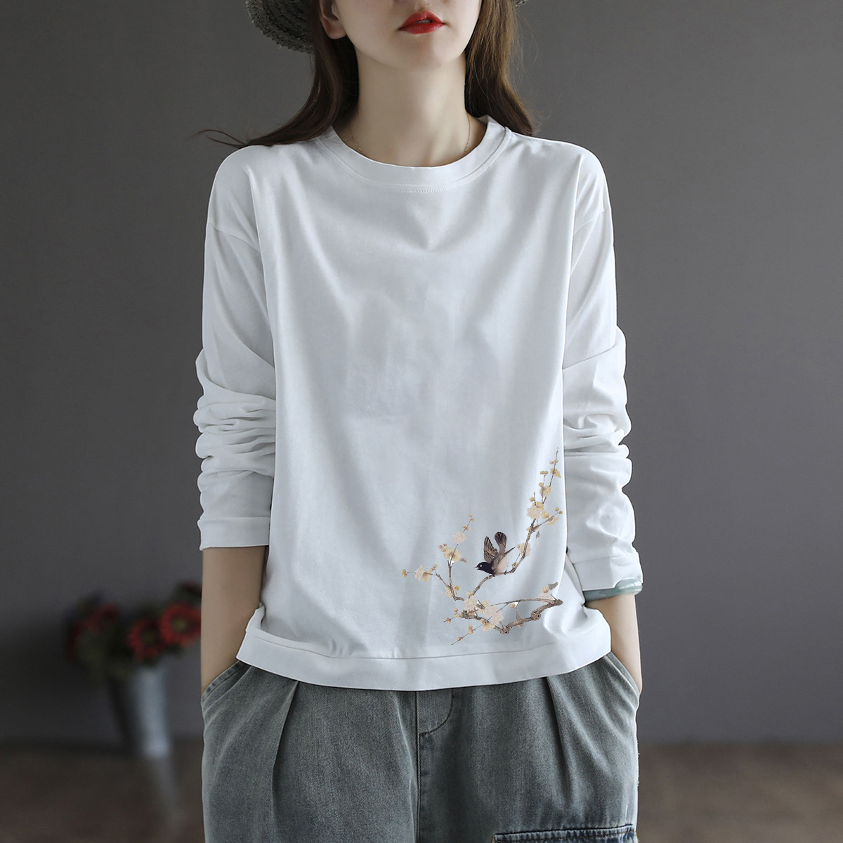 清仓捡漏秋冬季长袖纯棉圆领宽松大码T恤上衣印花大码打底内搭女 - 图0