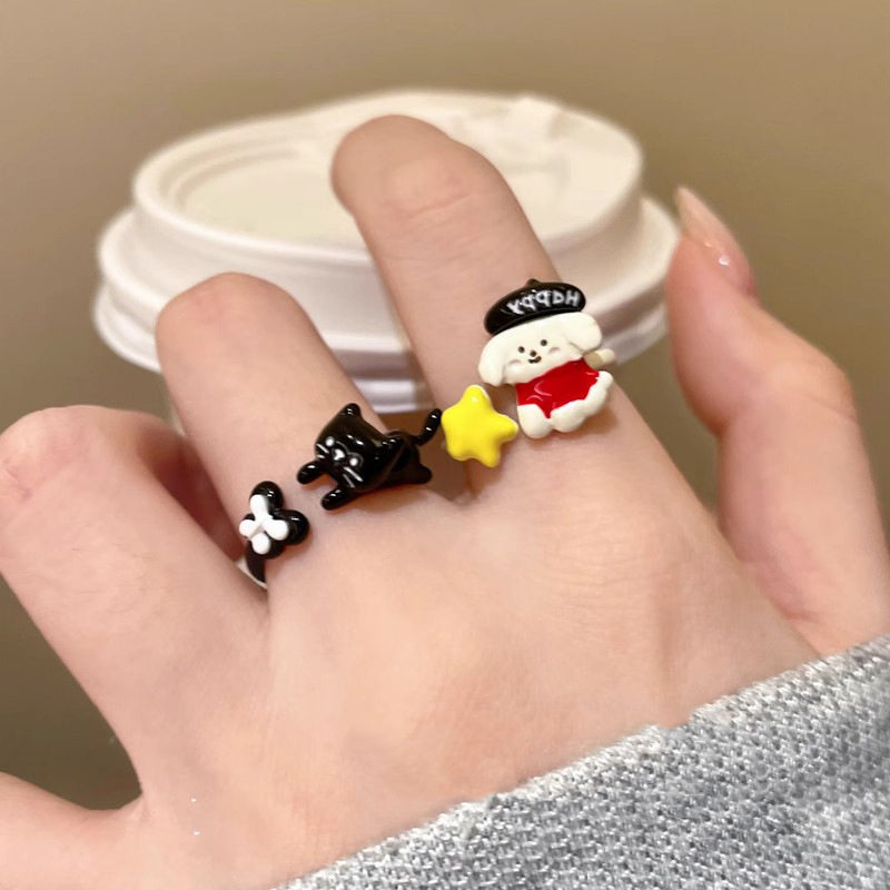 Childish cute puppy drop glaze ring for women with niche design sense open mouth adjustable index finger ring cartoon sweet ring