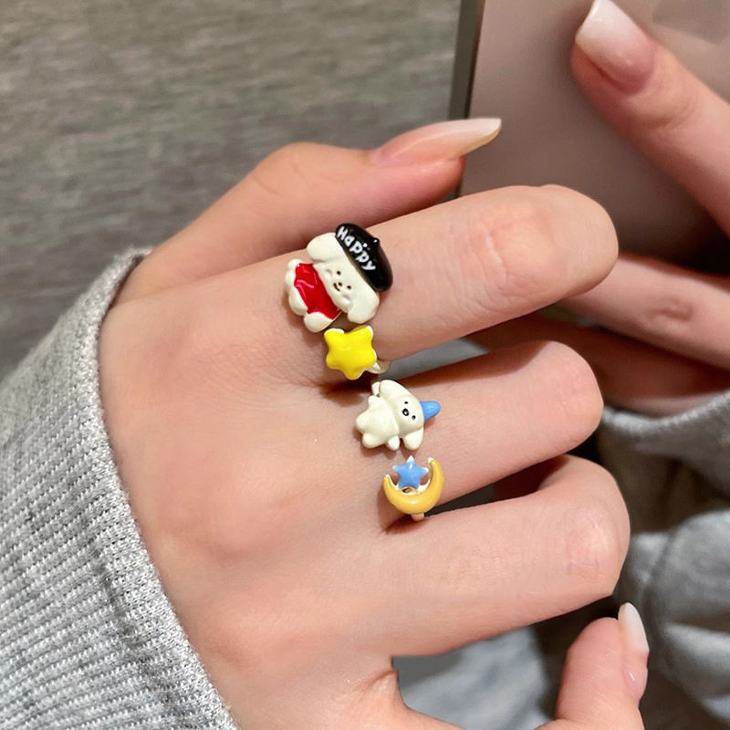 Childish cute puppy drop glaze ring for women with niche design sense open mouth adjustable index finger ring cartoon sweet ring