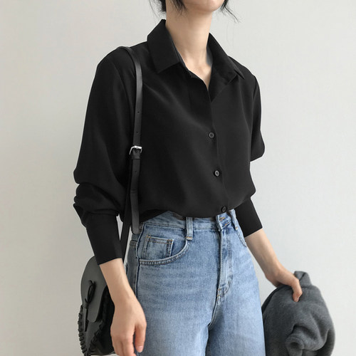 雪纺衬衫女2025春季新款韩版宽松显瘦打底衫黑色职业OL百搭上衣潮 - 图1