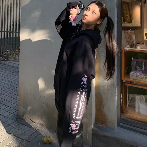 宝剑卡通辣妹印花连帽卫衣男女秋冬新款拉链开衫美式复古显瘦外套 - 图3