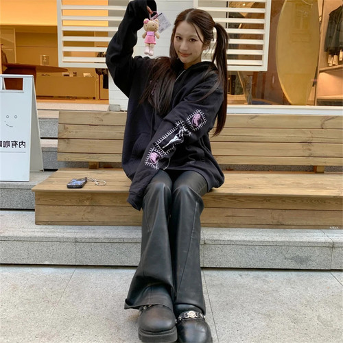 宝剑卡通辣妹印花连帽卫衣男女秋冬新款拉链开衫美式复古显瘦外套 - 图1