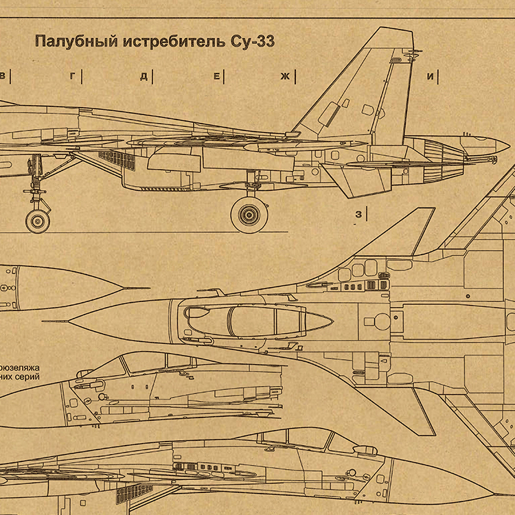 苏33歼15机械草图三视图军迷理工男书房办公室墙贴工业风飞机海报