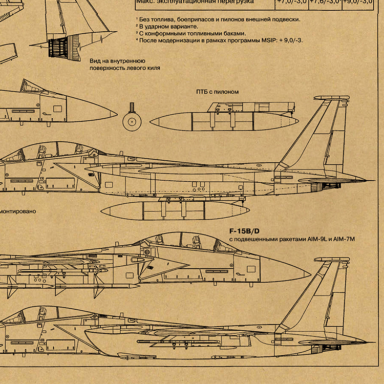 F15E攻击鹰机械草图三视图军迷理工书房办公室墙贴复古工业风海报