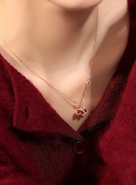 原创钱币萌马项链女纯银本命年马年红玛瑙锁骨链新中式独角兽吊坠