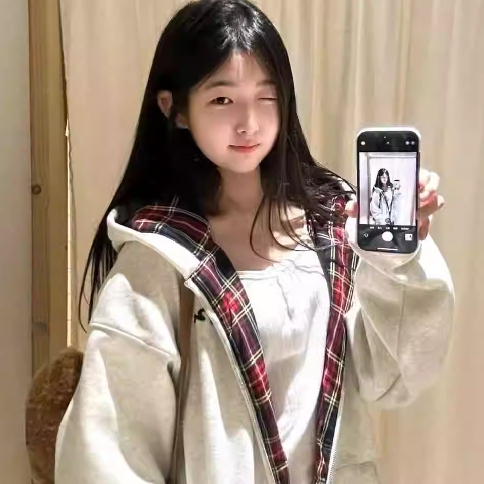 韩版复古酒红色格子卫衣女连帽开衫设计感oversize薄款春秋冬外套 - 图2