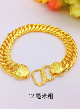2025新款越南沙金男士福扣头老板手链黄铜镀金扁双扣手链里外一色