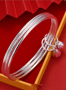 S999镀纯银磨砂三生三世莲蓬小荷花两世欢手镯女实心手镯