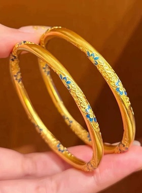 2026新款新中式国风蓝色青花珐琅彩黄金色手镯女古法花丝镯子实心