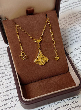 久不掉色沙金爆闪碎碎冰银杏叶吊坠小幸运项链复古精致高级感锁骨