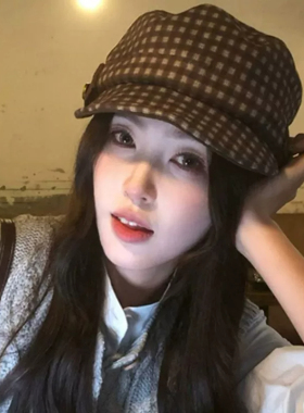 复古格纹平檐鸭舌帽女显脸小