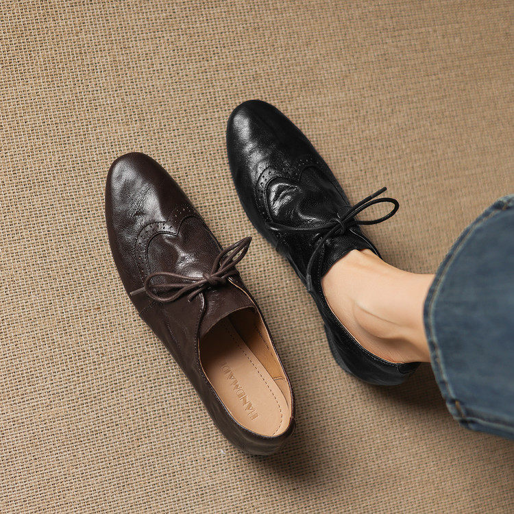 真皮4cm粗跟系带单鞋女四季低帮小皮鞋休闲复古深口中跟乐福鞋,淘宝优惠券,粉丝福利购,淘宝优惠卷