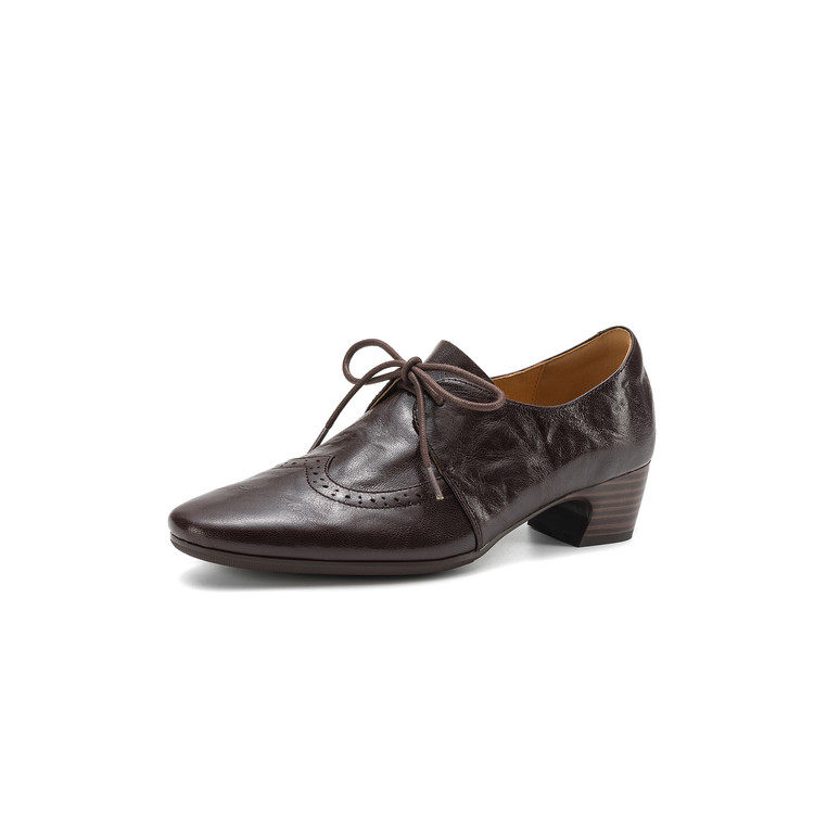 真皮4cm粗跟系带单鞋女四季低帮小皮鞋休闲复古深口中跟乐福鞋,淘宝优惠券,粉丝福利购,淘宝优惠卷