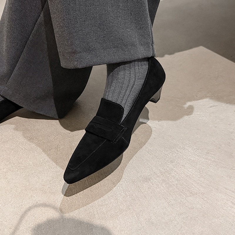 真皮3.5cm粗跟尖头乐福鞋女早春新款通勤百搭ol时尚深口单鞋灰色,淘宝优惠券,粉丝福利购,淘宝优惠卷