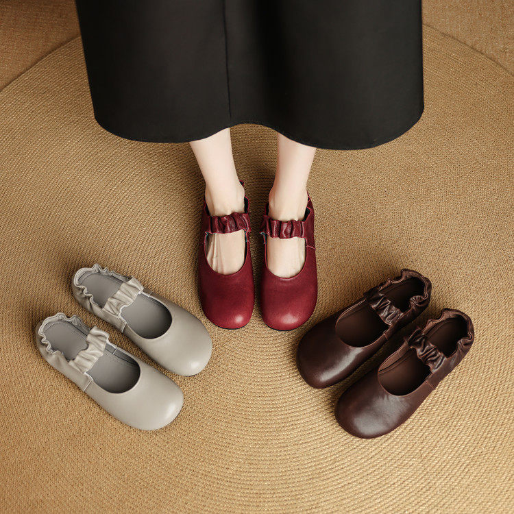 巨软真皮褶皱松紧带玛丽珍单鞋女春夏时尚百搭圆头平底女鞋酒红色,淘宝优惠券,粉丝福利购,淘宝优惠卷