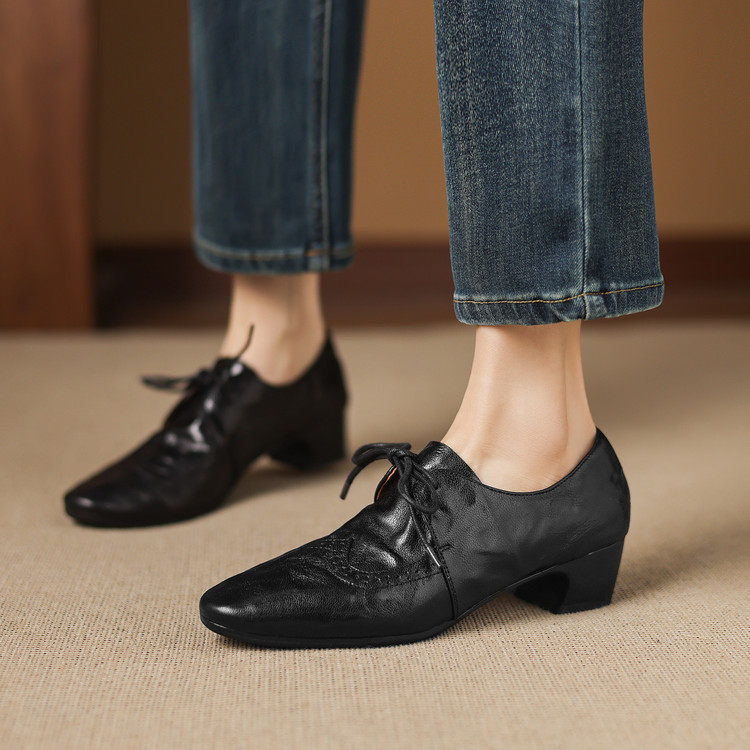 真皮4cm粗跟系带单鞋女四季低帮小皮鞋休闲复古深口中跟乐福鞋,淘宝优惠券,粉丝福利购,淘宝优惠卷