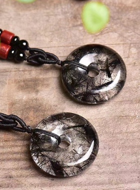 天然黑发晶平安扣发晶项链面包圈平安扣毛衣链男女水晶饰品保真