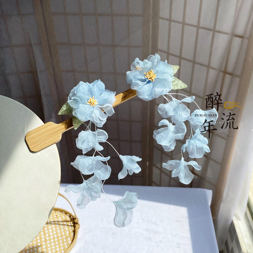 【芙蓉】绢纱烫花古风侧边发夹森系粉嫩花枝发饰唐风汉服古装配饰 - 图3