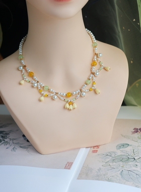 黄铃兰多层坦领珍珠软璎珞项链
