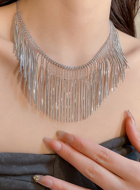 欧美夸张巨好看气质流苏吊坠项链