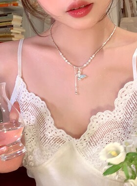 法式碎银子珍珠蓝晶石蝴蝶项链女