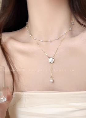 双层山茶花流苏珍珠项链女