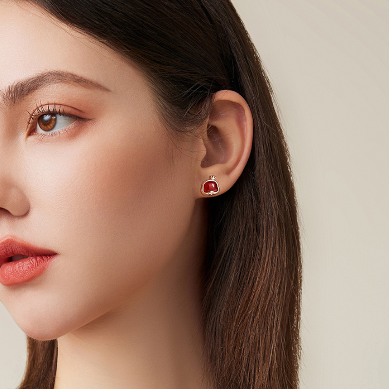 MEILAIFUREN红色耳环蛇年秋冬礼物新年耳饰925纯银天然玛瑙耳钉女 - 图1