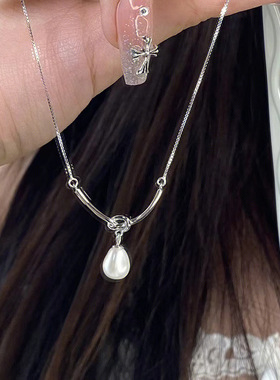 打结项链女仿珍珠钛钢绳结锁骨链