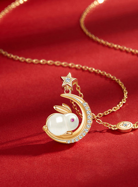 925纯银月亮玉兔项链女