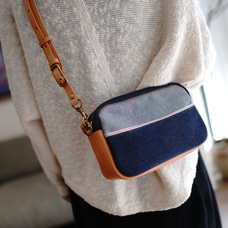鹿小姐 赤耳牛仔复古拼接植鞣牛皮相机包百搭时尚单肩斜挎小方包,淘宝优惠券,粉丝福利购,淘宝优惠卷