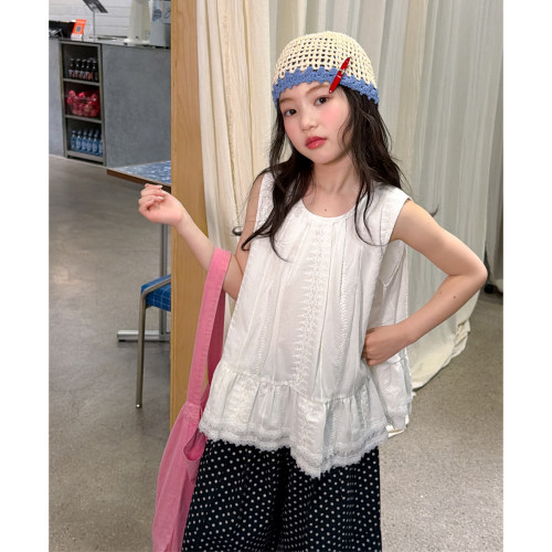 女童夏季蕾丝花边无袖上衣波点阔腿裤两件套2026夏装儿童洋气套装 - 图2