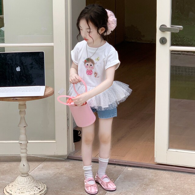 ເດັກຍິງ summer ແບບຕາຫນ່າງເກົາຫຼີ T-shirt denim ສັ້ນຊຸດ