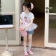 ເດັກຍິງ summer ແບບຕາຫນ່າງເກົາຫຼີ T-shirt denim ສັ້ນຊຸດ