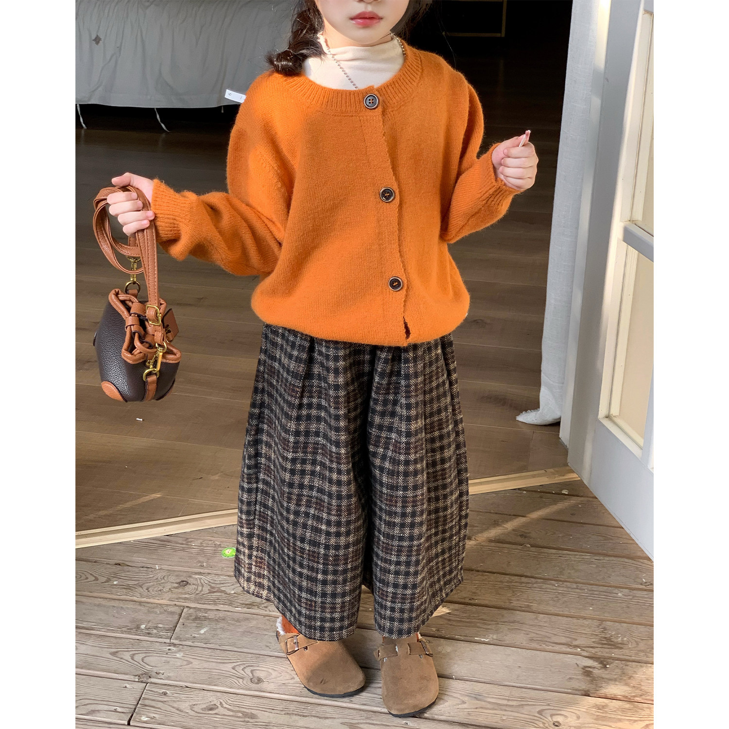 女童加厚南瓜色毛衣加绒格子阔腿裤套装秋装款儿童加厚针织衫外套,淘宝优惠券,粉丝福利购,淘宝优惠卷
