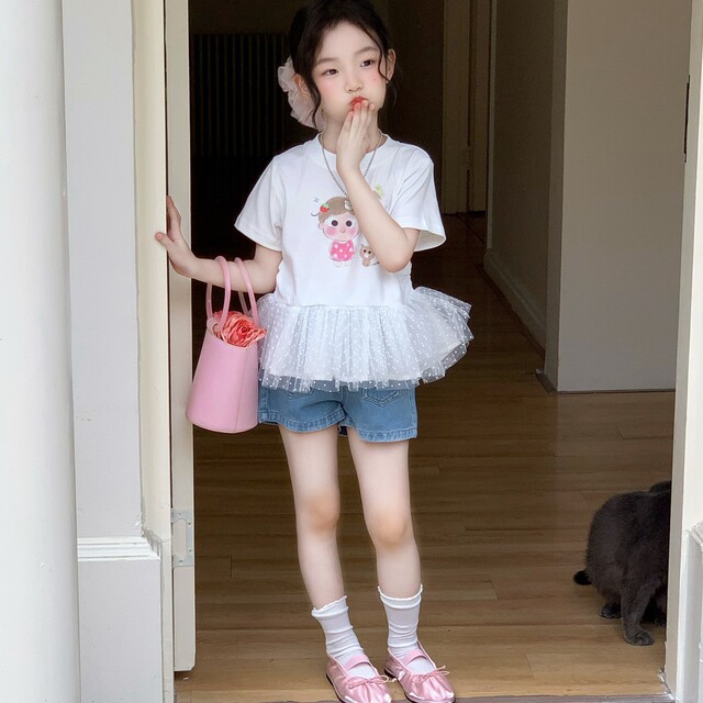 ເດັກຍິງ summer ແບບຕາຫນ່າງເກົາຫຼີ T-shirt denim ສັ້ນຊຸດ