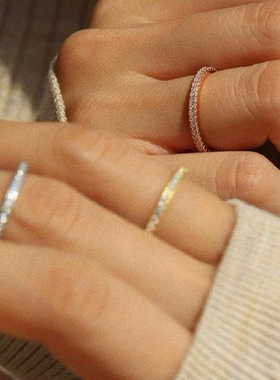 定制asic Ring基础款超细碎钻欧美素戒戒指细圈尾戒素戒925满钻