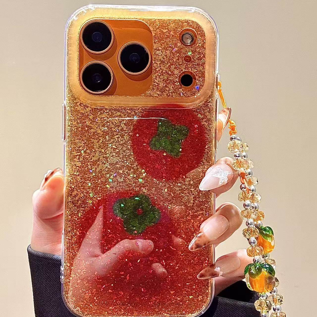 亮片闪粉透色橙底油画柿子链条适用苹果17promax手机壳iphone16新款15pro女款14pm全包保护壳,淘宝优惠券,粉丝福利购,淘宝优惠卷