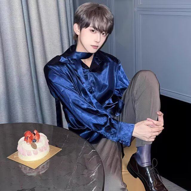 张艺兴同款垫肩长袖衬衫男禁欲系缎面飘带高级感痞帅蓝色衬衣外套,淘宝优惠券,粉丝福利购,淘宝优惠卷