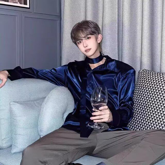 张艺兴同款垫肩长袖衬衫男禁欲系缎面飘带高级感痞帅蓝色衬衣外套,淘宝优惠券,粉丝福利购,淘宝优惠卷