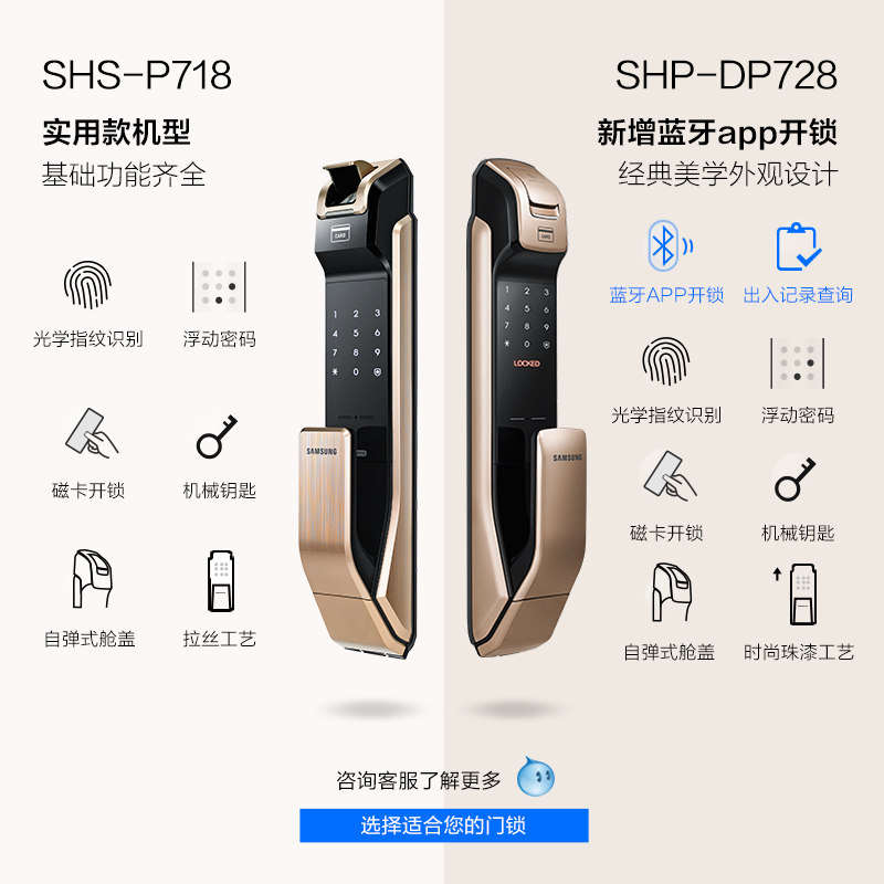 三星进口家用dp718智能锁指纹锁 能良数码智能安防