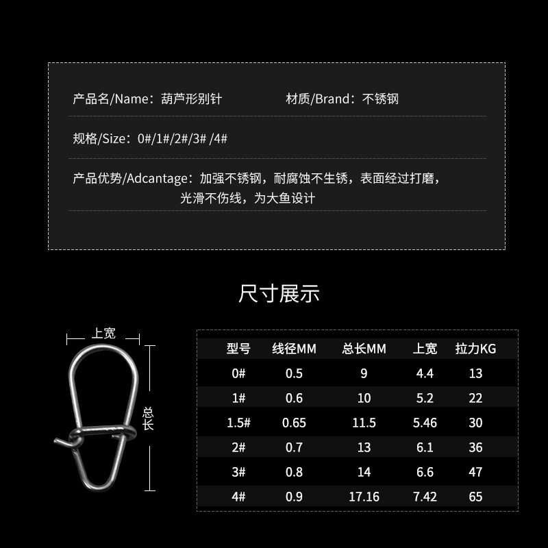 路亚葫芦形别针304不锈钢强力增强别针压平加强双圈假饵连接器